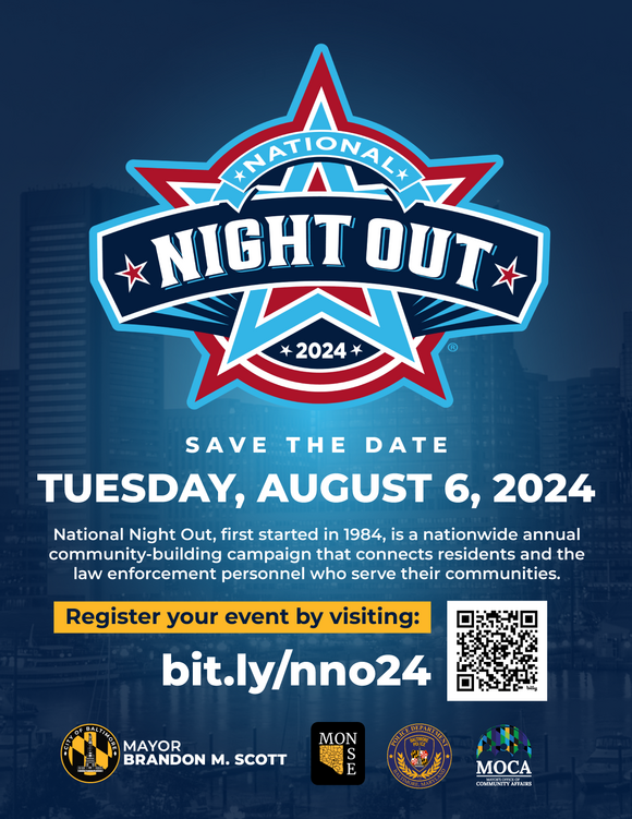 National Night Out 2024 Save the Date Tuesday, August 6, 2024. Register your event by visiting bit.ly/nno24